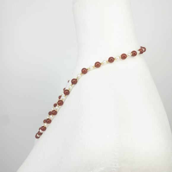 14K Gold Red Jade & Freshwater Pearl 24" Necklace ❤️ - Picture 3 of 12